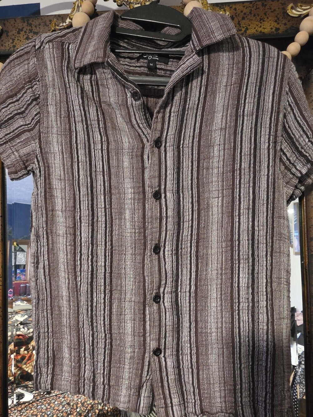 Eighty Eight Boys' Short-Sleeve Striped Button-Down Shirt - Taupe & Black